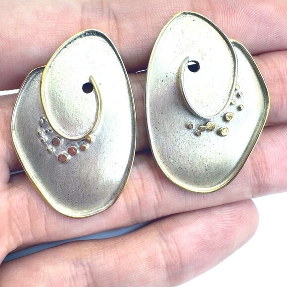 VTG Two Tone Sterling Silver 925 Spiral Stud Earrings Size 1.5" Length - Picture 1 of 13